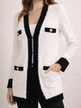 L’AGENCE Elin Cardigan White Black Contrast Knit Jacket